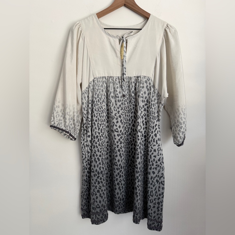 Da-nang Ombre Silk Tunic Dress Animal Print empire waist beaded trim pockets M